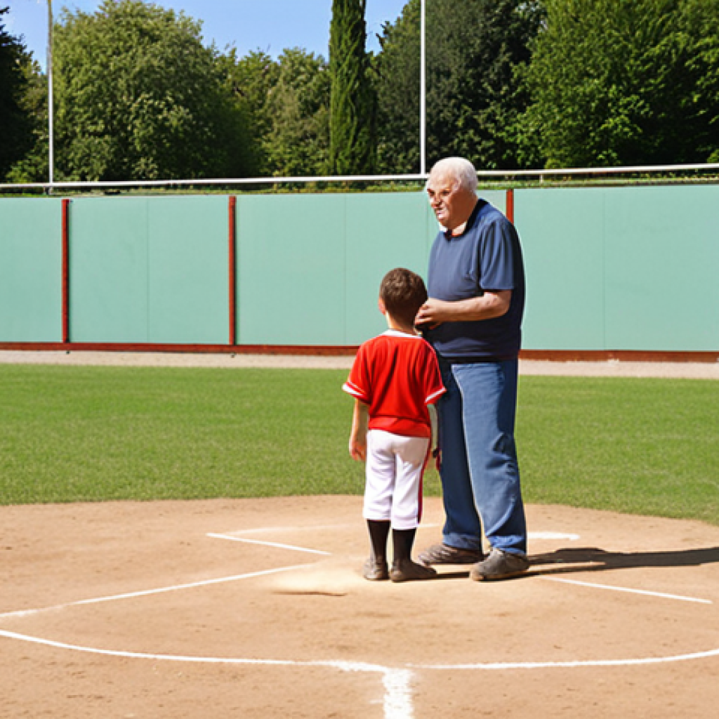 **Image Prompt:** A sunny day at a public baseball field in France. Show a mix of ages practicing, with an older man (perhaps an ex-pro) giving advice to younger players. The field should look well-used but functional. Focus on the community aspect and friendly atmosphere.