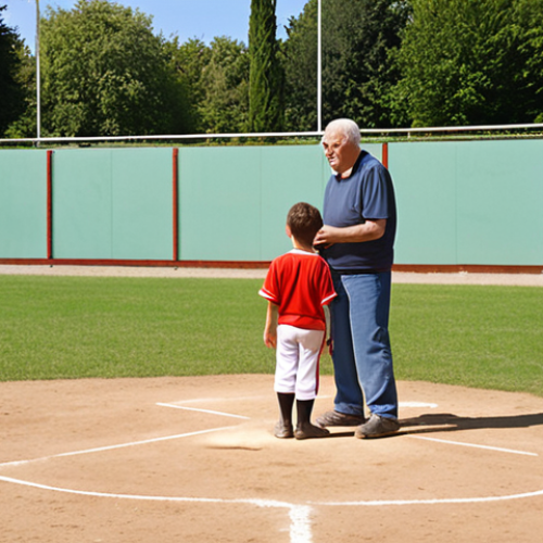 Home 15 **Image Prompt:** A sunny day at a public baseball field in France. Show a mix of ages practicing, with an older man (perhaps an ex-pro) giving advice to younger players. The field should look well-used but functional. Focus on the community aspect and friendly atmosphere.
