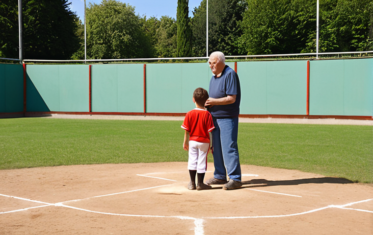 **Image Prompt:** A sunny day at a public baseball field in France. Show a mix of ages practicing, with an older man (perhaps an ex-pro) giving advice to younger players. The field should look well-used but functional. Focus on the community aspect and friendly atmosphere.
