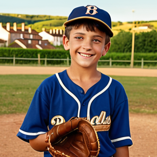 Home 14 **A young boy in a baseball uniform proudly wearing a personalized baseball glove, smiling widely. The glove has his name embossed on it. He is standing on a well-maintained baseball field in the French countryside, with a charming village visible in the background. The scene is bathed in warm, golden sunlight, creating a heartwarming and nostalgic atmosphere. The overall style is realistic and slightly idealized, reminiscent of a vintage French postcard.**