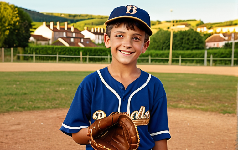 **A young boy in a baseball uniform proudly wearing a personalized baseball glove, smiling widely. The glove has his name embossed on it. He is standing on a well-maintained baseball field in the French countryside, with a charming village visible in the background. The scene is bathed in warm, golden sunlight, creating a heartwarming and nostalgic atmosphere. The overall style is realistic and slightly idealized, reminiscent of a vintage French postcard.**