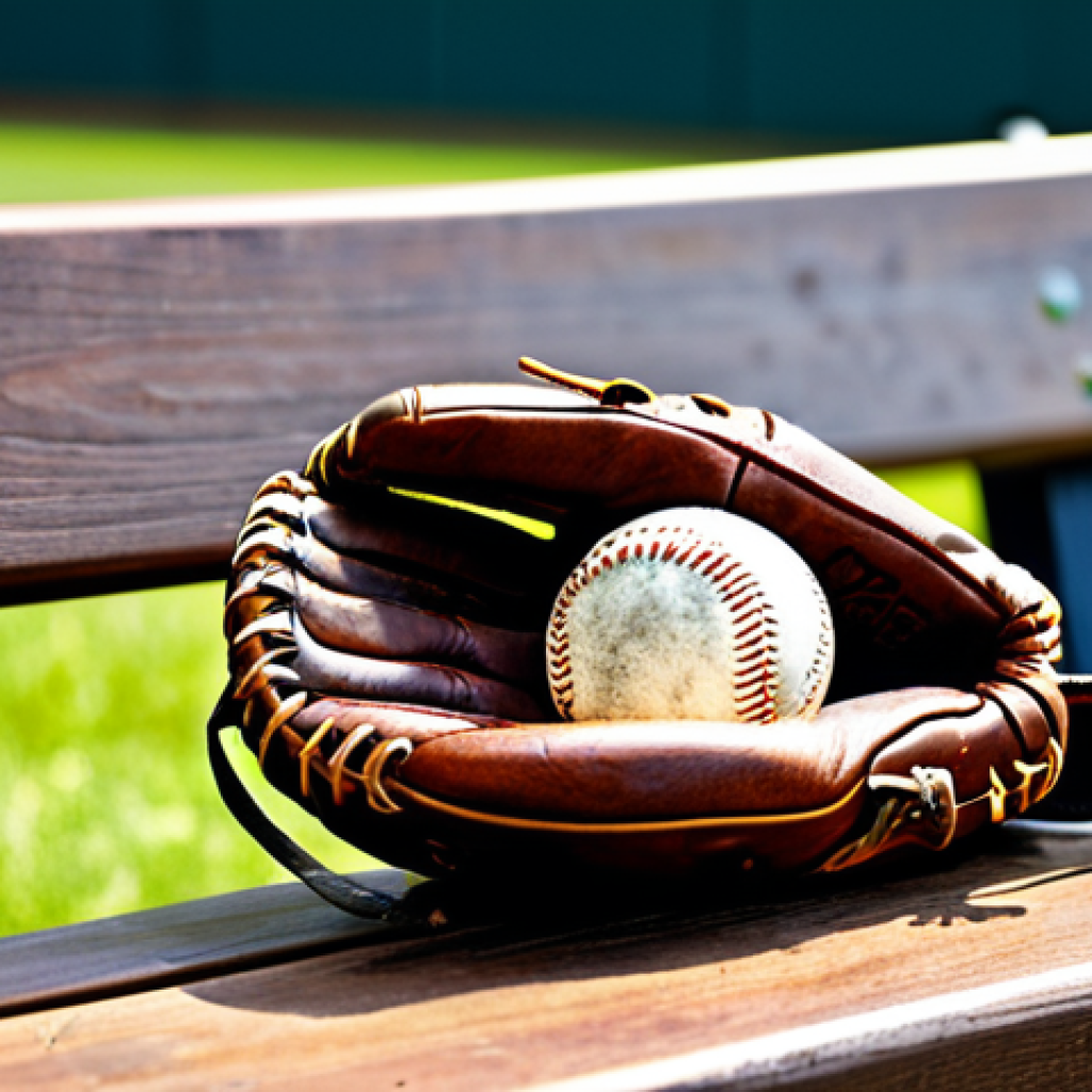 **
"A close-up photograph of a well-worn baseball glove, sitting on a wooden bench in a sunny park, fully clothed, appropriate content, safe for work, leather texture detail, perfect anatomy (of the glove), natural lighting, professional sports equipment photography, modest setting."
**