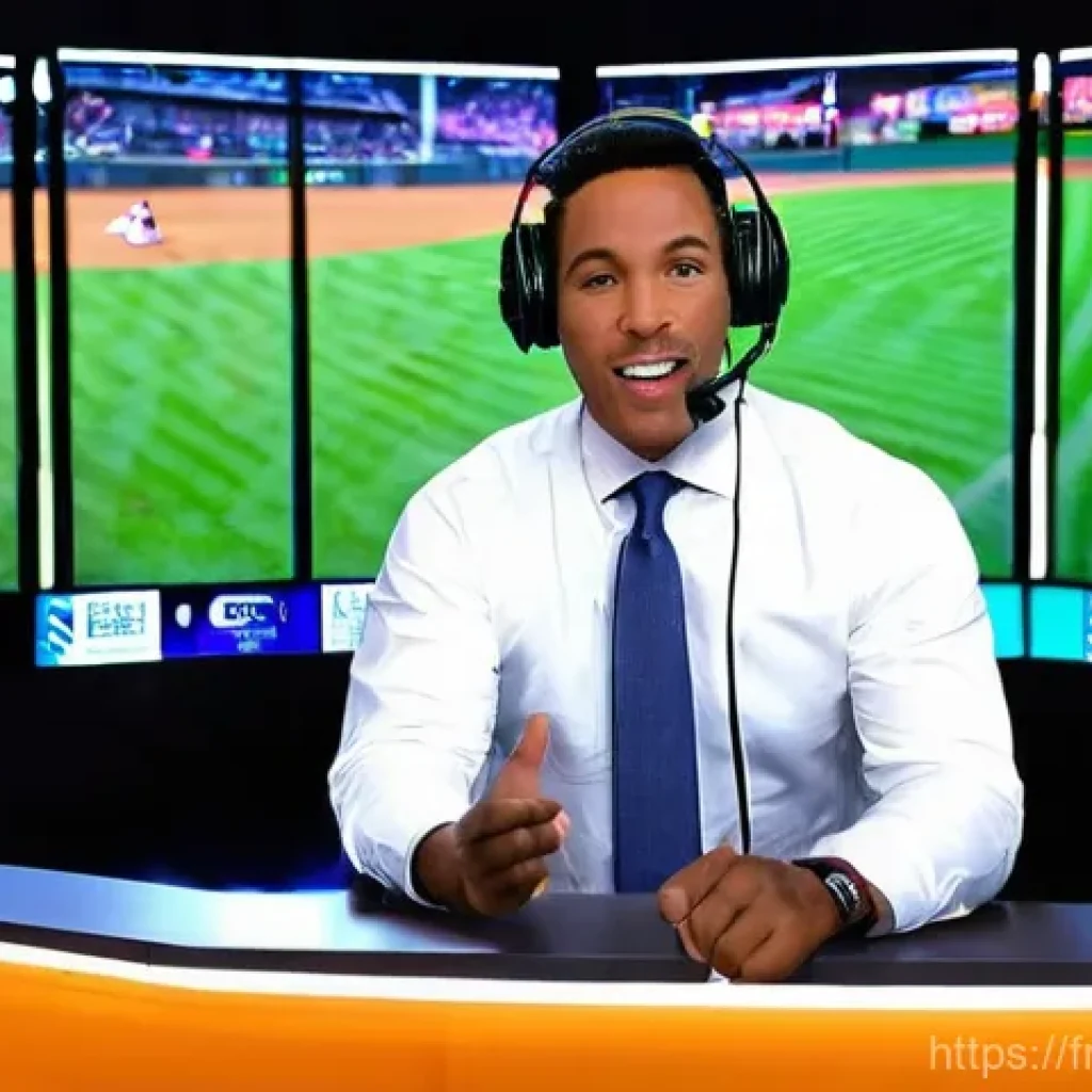 야구 경기 중계 해설 배우기 - **Prompt:** A vibrant, dynamic image of a male baseball commentator in his late 30s, mid-broadcast. ...