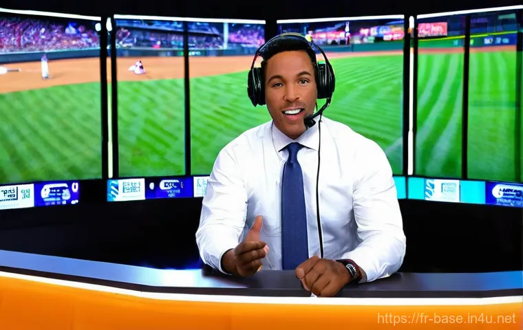 야구 경기 중계 해설 배우기 - **Prompt:** A vibrant, dynamic image of a male baseball commentator in his late 30s, mid-broadcast. ...