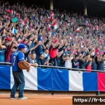 야구 팬덤의 문화적 영향 - A vibrant scene inside a Parisian baseball stadium during a lively game day: enthusiastic fans weari...