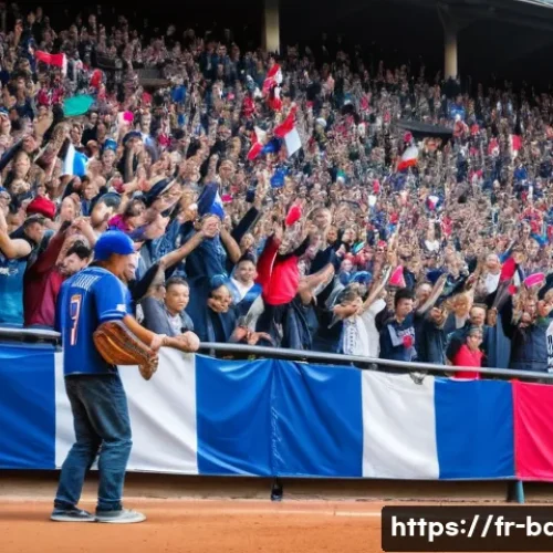 야구 팬덤의 문화적 영향 - A vibrant scene inside a Parisian baseball stadium during a lively game day: enthusiastic fans weari...