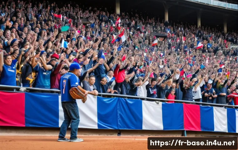 야구 팬덤의 문화적 영향 - A vibrant scene inside a Parisian baseball stadium during a lively game day: enthusiastic fans weari...