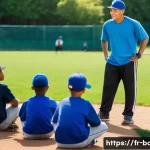 야구 코칭 팁  청소년 대상 - A youth baseball coach attentively listening and encouraging a diverse group of young players aged 8...