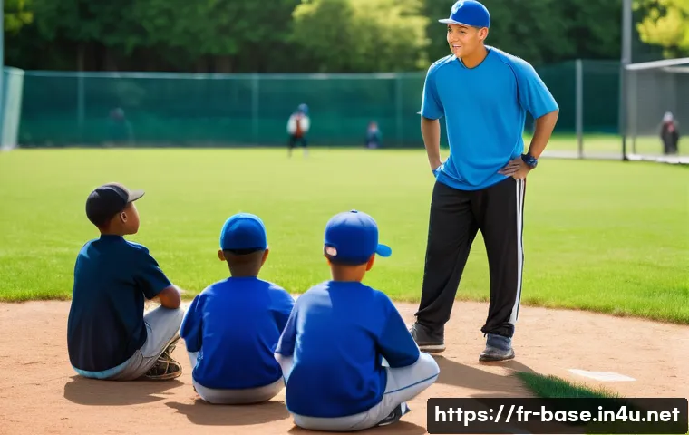 야구 코칭 팁 청소년 대상 - A youth baseball coach attentively listening and encouraging a diverse group of young players aged 8...