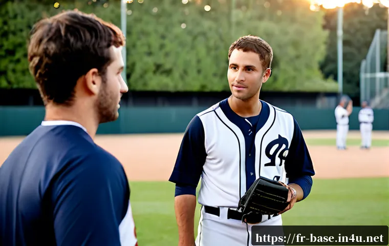 야구 경기 전후 인터뷰 작성법 - Photorealistic pre-game baseball interview in a French municipal ballpark at golden hour, a professi...